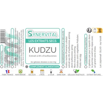 Kudzu extrait sec Synervital 60 gélules étiquette